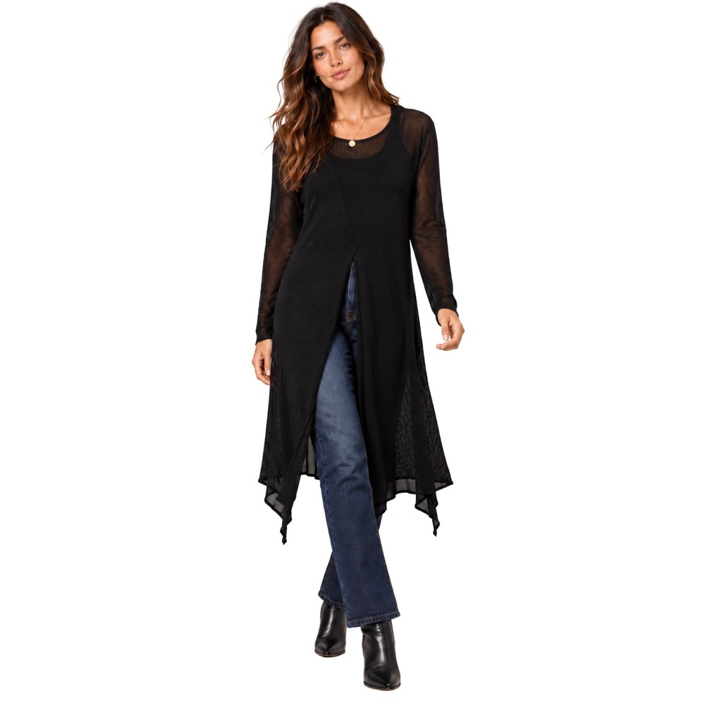 Peruvian Connection Sweater Small Black Pima Cotton Open Knit Sheer Longline